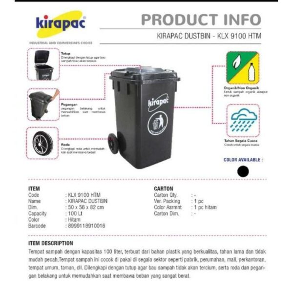 KIRAPAC KIRAPAC 100 LITER KLX 9100 HITAM (5) TEMPAT SAMPAH BESAR PLASTIK HITAM 100 LITER KIRAPAC KLX 9100: Solusi Tempat Sampah Outdoor Kuat, Elegan, dan Tahan Lama