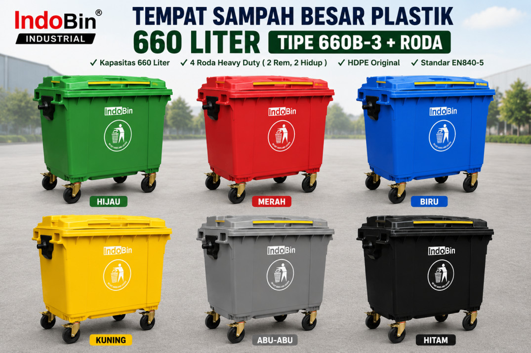 TEMPAT SAMPAH BESAR PLASTIK 660 LITER INDOBIN TIPE 660B-3 + RODA: Solusi Tempat Sampah Jumbo 660 Liter Berkualitas Industri untuk Pengelolaan Sampah Modern