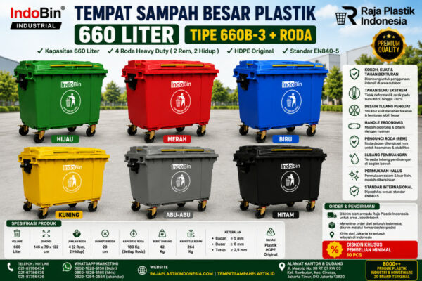 TEMPAT SAMPAH BESAR PLASTIK 660 LITER INDOBIN TIPE 660B-3 + RODA: Solusi Tempat Sampah Jumbo 660 Liter Berkualitas Industri untuk Pengelolaan Sampah Modern
