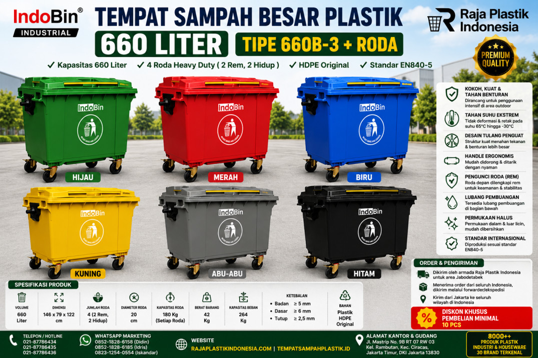 TEMPAT SAMPAH BESAR PLASTIK 660 LITER INDOBIN TIPE 660B-3 + RODA: Solusi Tempat Sampah Jumbo 660 Liter Berkualitas Industri untuk Pengelolaan Sampah Modern