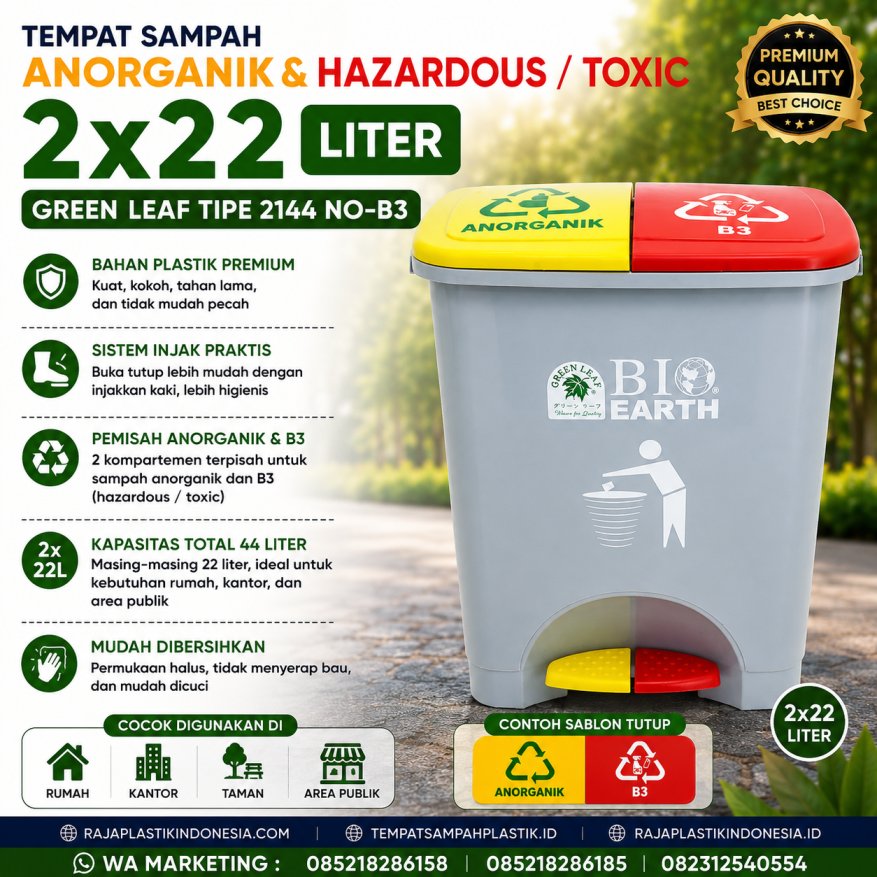 TEMPAT SAMPAH ANORGANIK & HAZARDOUS / TOXIC 2×22 LITER GREEN LEAF TIPE 2144 NO-B3: Solusi Tempat Sampah Dual Kompartemen untuk Pemilahan Sampah Anorganik dan Limbah B3 yang Lebih Aman, Higienis, dan Profesional