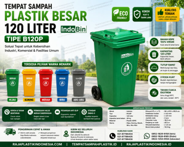 TEMPAT SAMPAH BESAR 120 LITER INDOBIN B120P TEMPAT SAMPAH PLASTIK BESAR 120 LITER INDOBIN TIPE B120P – Tempat Sampah HDPE Premium Berstandar EN840-5 untuk Industri, Perkantoran, HORECA & Fasilitas Umum
