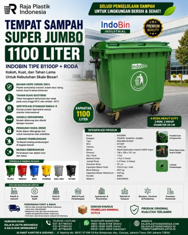 TEMPAT SAMPAH BESAR PLASTIK 1100 LITER INDOBIN TIPE B1100P RAJAPLASTIK TEMPAT SAMPAH BESAR PLASTIK 1100 LITER INDOBIN TIPE B1100P + RODA: Solusi Tempat Sampah Jumbo 1100 Liter Berkualitas Industri untuk Pengelolaan Sampah Modern