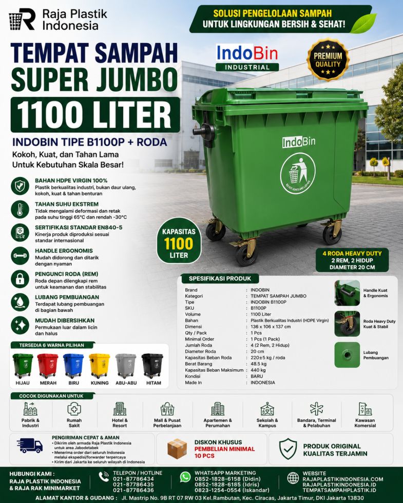 TEMPAT SAMPAH BESAR PLASTIK 1100 LITER INDOBIN TIPE B1100P + RODA: Solusi Tempat Sampah Jumbo 1100 Liter Berkualitas Industri untuk Pengelolaan Sampah Modern