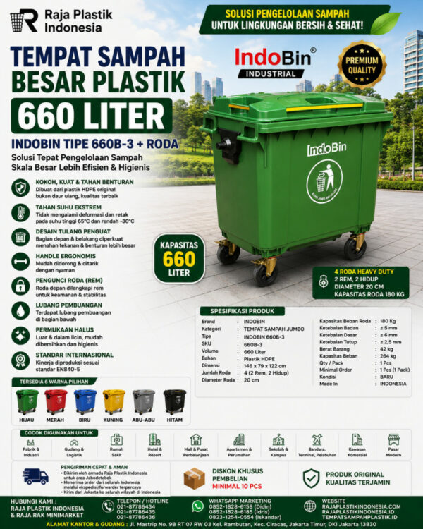 TEMPAT SAMPAH BESAR PLASTIK 660 LITER INDOBIN TIPE 660B-3 + RODA: Solusi Tempat Sampah Jumbo 660 Liter Berkualitas Industri untuk Pengelolaan Sampah Modern