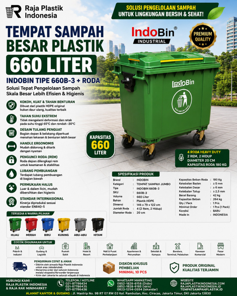 TEMPAT SAMPAH BESAR PLASTIK 660 LITER INDOBIN TIPE 660B-3 + RODA: Solusi Tempat Sampah Jumbo 660 Liter Berkualitas Industri untuk Pengelolaan Sampah Modern