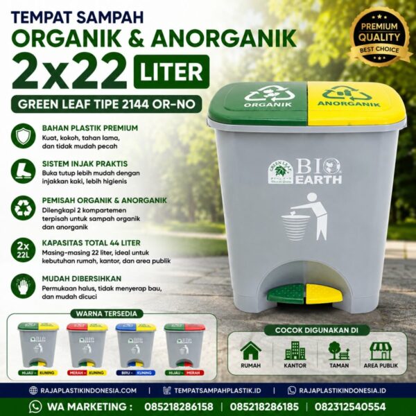 TEMPAT SAMPAH ORGANIK & ANORGANIK 2x22 LITER GREEN LEAF TIPE 2144 OR-NO TEMPAT SAMPAH ORGANIK & ANORGANIK 2x22 LITER GREEN LEAF TIPE 2144 OR-NO – Solusi Praktis Pemilahan Sampah Modern untuk Rumah, Kantor, HORECA & Industri