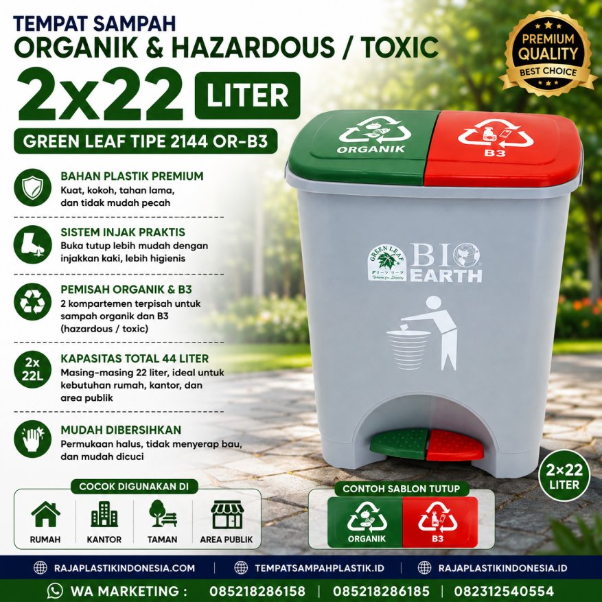 TEMPAT SAMPAH ORGANIK & HAZARDOUS / TOXIC 2×22 LITER GREEN LEAF TIPE 2144 OR-B3 – Solusi Pemilahan Sampah Organik dan Limbah B3 yang Praktis, Higienis, dan Berkualitas