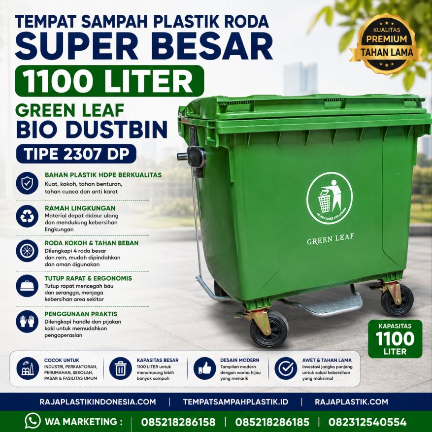 TEMPAT SAMPAH PLASTIK RODA SUPER BESAR 1100 LITER GREEN LEAF BIO DUSTBIN TIPE 2307 DP: Tempat Sampah Industri Berkapasitas Besar untuk Pengelolaan Sampah yang Lebih Efisien