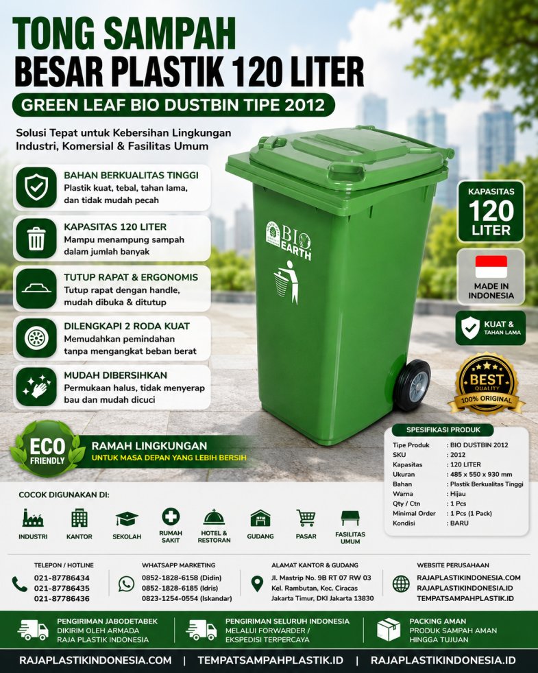 TONG SAMPAH BESAR PLASTIK 120 LITER GREEN LEAF BIO DUSTBIN TIPE 2012 – Solusi Tempat Sampah Outdoor Berkualitas untuk Industri, Perkantoran, Komersial & Fasilitas Umum