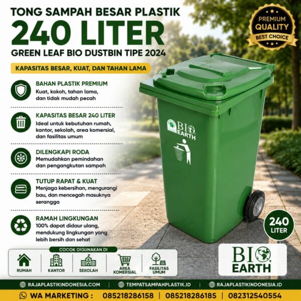 TONG SAMPAH BESAR PLASTIK 240 LITER GREEN LEAF BIO DUSTBIN TIPE 2024 TONG SAMPAH BESAR PLASTIK 240 LITER GREEN LEAF BIO DUSTBIN TIPE 2024: Solusi Tempat Sampah Industri Berkapasitas Besar yang Kokoh, Higienis, dan Mudah Dipindahkan