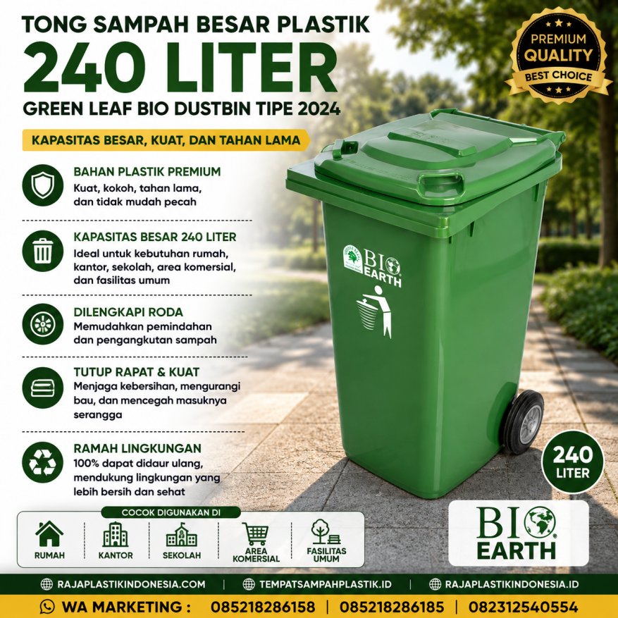 TONG SAMPAH BESAR PLASTIK 240 LITER GREEN LEAF BIO DUSTBIN TIPE 2024: Solusi Tempat Sampah Industri Berkapasitas Besar yang Kokoh, Higienis, dan Mudah Dipindahkan