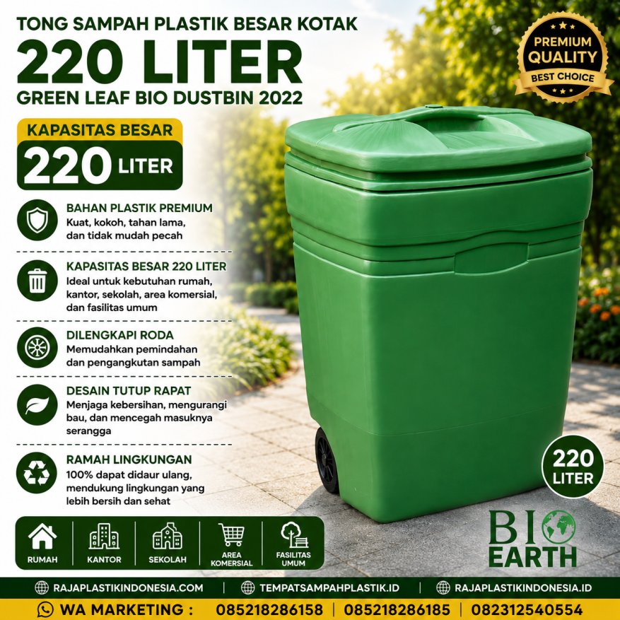 TONG SAMPAH PLASTIK BESAR KOTAK 220 LITER GREEN LEAF BIO DUSTBIN 2022: Solusi Tempat Sampah Plastik Kapasitas Besar untuk Area Industri, HORECA, Komersial, dan Fasilitas Umum