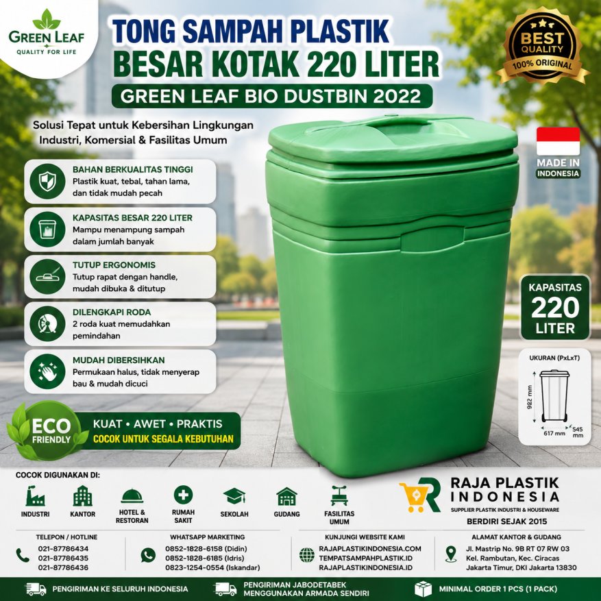 TONG SAMPAH PLASTIK BESAR KOTAK 220 LITER GREEN LEAF BIO DUSTBIN 2022: Solusi Tempat Sampah Plastik Kapasitas Besar untuk Area Industri, HORECA, Komersial, dan Fasilitas Umum